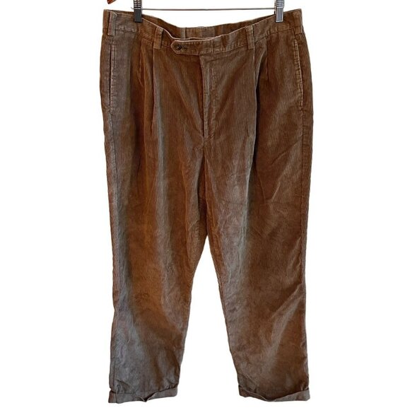 Tommy Hilfiger Corduroy Pants Mens 38x32‎ Brown Tan Pleated Straight Leg Cuffed - Picture 3 of 10